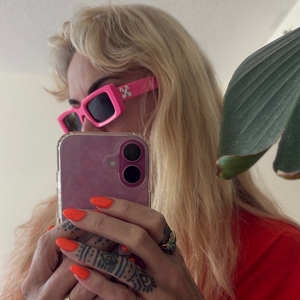 Off-White Pink Rectangular Sunglasses with Black … - image 3